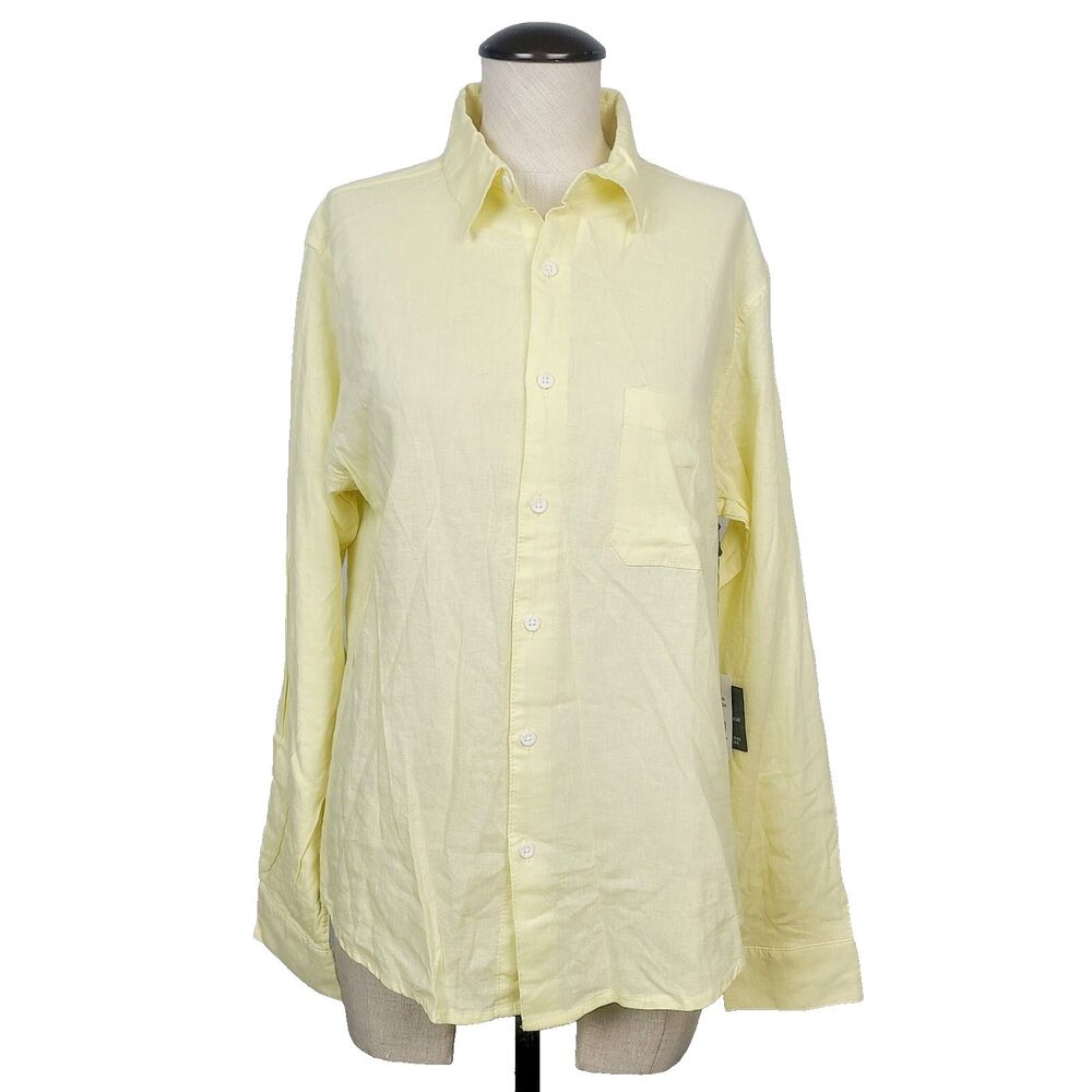 NEW Saks Fifth‎ Avenue Top M Yellow Linen Blend Button Front Collared Shirt